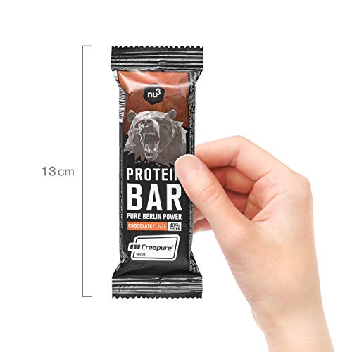 nu3 Barritas de proteínas – Barras deportivas con 40% de proteína sabor chocolate – Mejoradas con whey protein, creatina y creapure – 3.95g de fibra y solo 160 Kcal - 12 x 50g