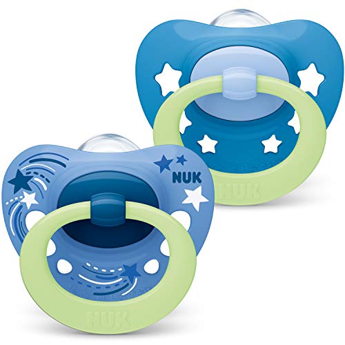 NUK Signature Night Chupete, 18 – 36 meses, Chupete con efecto luminoso, Silicona sin BPA, Estrellas azules, 2 unidades (10177167)