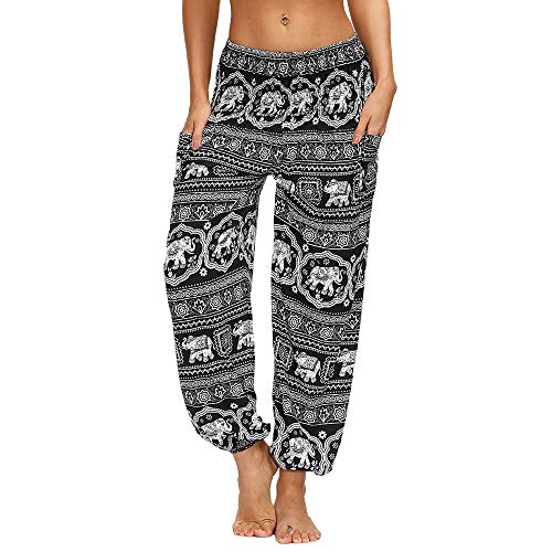 Nuofengkudu Mujer Hippies Yoga Pantalones Harem Baggy Tailandeses Boho Estampados Bolsillos Cintura Alta Baggy Pilates Pants Verano Playa Fiesta(X-Negro Elefante,Talla única)