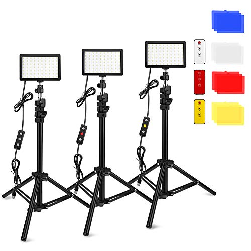 Obeamiu 3 luces LED vídeo con soporte ajustable trípode, color filtros, 5600K USB iluminación estudio para tableta/disparo ángulo bajo, YouTube