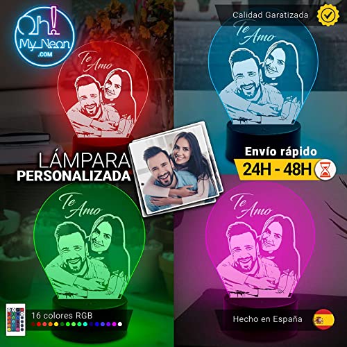 Oh! My Neon Lampara con Tu Foto 3D Personalizada Led 16 Colores Creativa Usb Regalos Ideales para Románticas Boda Cumpleaños Felicidades- (Base 1)