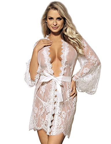 ohyeahlady Mujer Lencería Bata Transparente Talla Grande Ropa Interior Kimono Encaje para Dormir(Blanco, 3XL-4XL)