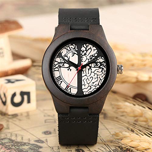 OIFMKC Reloj de Madera Pareja de Relojes de Madera Pantalla de árbol de la Vida Esfera Redonda Madera de ébano Amantes Casuales Reloj de Cuero Genuino Soporte Palabras grabadas,