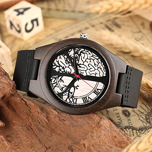 OIFMKC Reloj de Madera Pareja de Relojes de Madera Pantalla de árbol de la Vida Esfera Redonda Madera de ébano Amantes Casuales Reloj de Cuero Genuino Soporte Palabras grabadas,