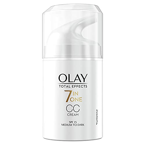 Olay Total Effects - Crema hidratante 7 en 1 CC con SPF 15 para mujeres, tipos de piel mediana a oscura 50 ml, crema de día con vitamina E, B3 y B5, cobertura inmediata y uniforme