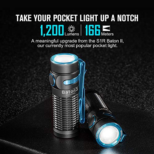 OLIGHT Baton 3 Mini EDC Linterna de 1200 Lúmenes, 166 metros de Alcance, Impermeable IPX8, Lámpara de Mano Recargable con Cable de Carga Magnético MCC 1A y Batería Potente Personalizada