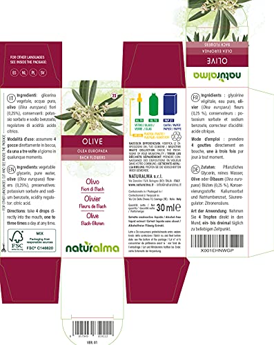 Olive o Olivo (Olea europaea) Flores de Bach Naturalma | No. 23 | Gotas 30 ml | Extracto líquido sin alcohol | Esencias florales | Vegano y libre de alcohol