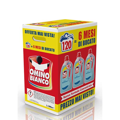 Omino Bianco - Detergente Lavadora líquido, 120 lavados, Respeta colores y tejidos, fresco perfume con esencia de almizcle blanco, 2000 ml x 3 paquetes