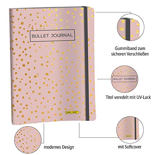 Online Bullet Journal Spotlights Rose - Cuaderno de notas (120 g/m², papel FSC, DIN A5, 144 páginas interiores con puntos/punteados, tapa blanda y banda de goma, diario para notas, bocetos, lettering)