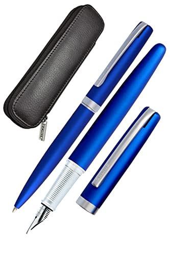 Online Eleganza - Juego de escritura (incluye bolígrafo, pluma estilográfica, estuche de piel auténtica), color azul satinado