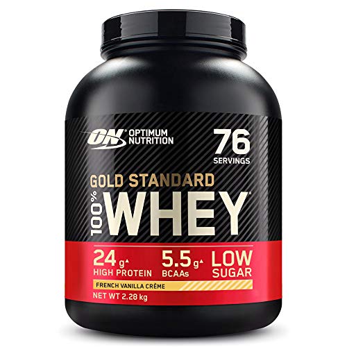 Optimum Nutrition Gold Standard 100% Whey Proteína en Polvo, Glutamina y Aminoácidos Naturales, BCAA, Crema de Vainilla Francesa, 76 Porciones, 2,28kg, Embalaje Puede Variar