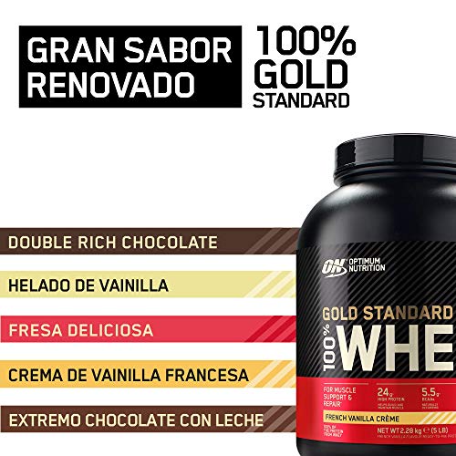 Optimum Nutrition Gold Standard 100% Whey Proteína en Polvo, Glutamina y Aminoácidos Naturales, BCAA, Crema de Vainilla Francesa, 76 Porciones, 2,28kg, Embalaje Puede Variar