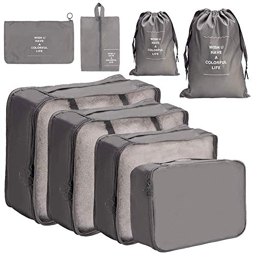 Organizador de Equipaje 8 en 1 Set Organizador de Maletas Impermeable Viaje con Bolsa de Zapato, Material Nylon-Meowoo (Gris)