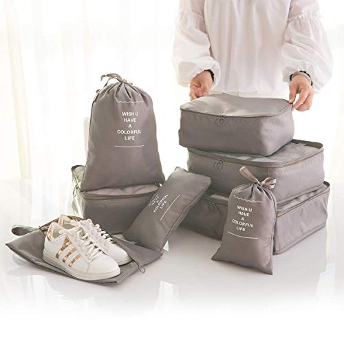 Organizador de Equipaje 8 en 1 Set Organizador de Maletas Impermeable Viaje con Bolsa de Zapato, Material Nylon-Meowoo (Gris)