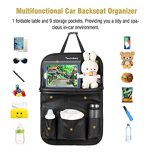 Organizador para Coche, Tsumbay Protector de Asiento para Coche Kick Mats con Comedor Poseedor Bandeja, Multi-Bolsillo de Almacenamiento de Coche para iPad Tablet Botella Bebida