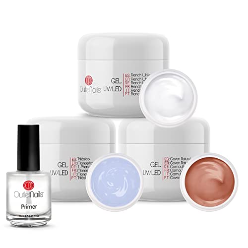 Pack 3 Geles UV/Led de 15ml + Primer 15ml para uñas de gel / 1 x UV Gel 3 en 1 Trifasico + 1 x UV Gel French Blanco + 1 Gel UV Cover Natural + 1 Primer