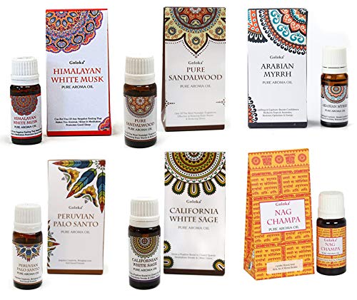 Pack 6 Aceites Aromáticos | Salvia Blanca + Palo Santo + Sándalo + Mirra + Nag Champa + Almizcle Blanco | Incluyen Estuche y dosificador