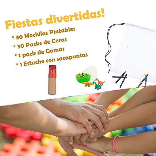 Pack Definitivo Cumpleaños 30 Mochilas Animales con Set de Ceras - Fiestas Niños de Colegio y Comuniones - Incluye Set Lapicera más Sacapuntas y Huevo Gomas Dinosaurio + 30 Bolsas