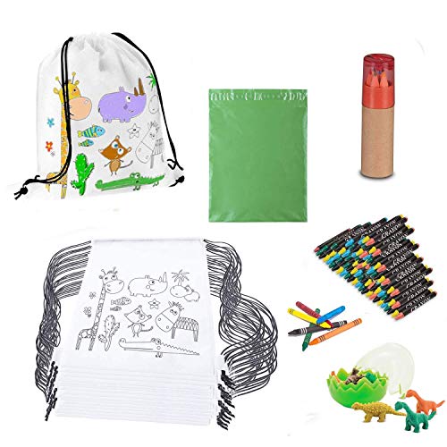 Pack Definitivo Cumpleaños 30 Mochilas Animales con Set de Ceras - Fiestas Niños de Colegio y Comuniones - Incluye Set Lapicera más Sacapuntas y Huevo Gomas Dinosaurio + 30 Bolsas