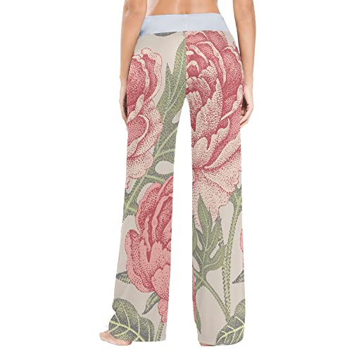 Pantalones de pijamas para mujer Pantalones de salón con cordones, flores japonesas Peony Pink Peony