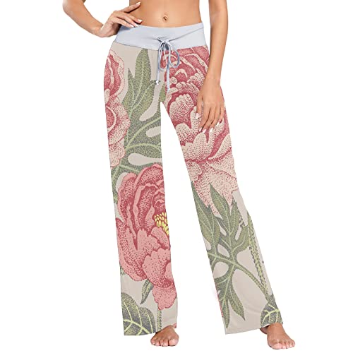 Pantalones de pijamas para mujer Pantalones de salón con cordones, flores japonesas Peony Pink Peony