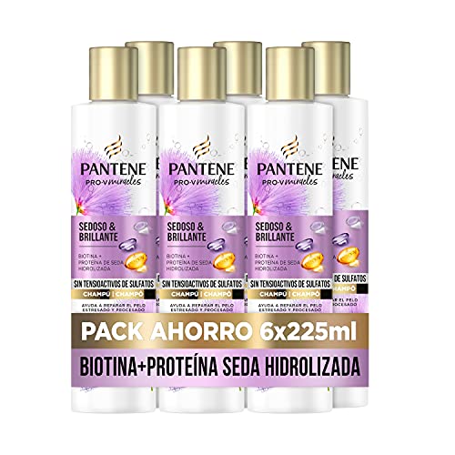 Pantene Pro-V Miracles Champú Sin Sulfatos Sedoso & Brillante, Con Biotina + Proteína De Seda Hidrolizada Para Pelos Excesivamente Perjudicados, Dañados Y Con Mechas, 6 x 225ml