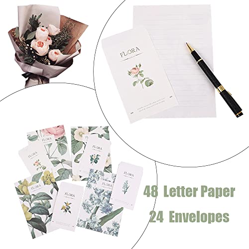 Papel De Carta y Sobres, 24 Piezas Sobres De Cartas, 48 Piezas Papel Para Escribir, con patrón de planta, para Cartas, Invitaciones, Cartas De Agradecimiento, Tarjetas De Felicitación(4 Modelos)