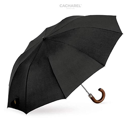 Paraguas Cacharel plegable hombre. Paraguas automático color negro con puño de madera curvado .