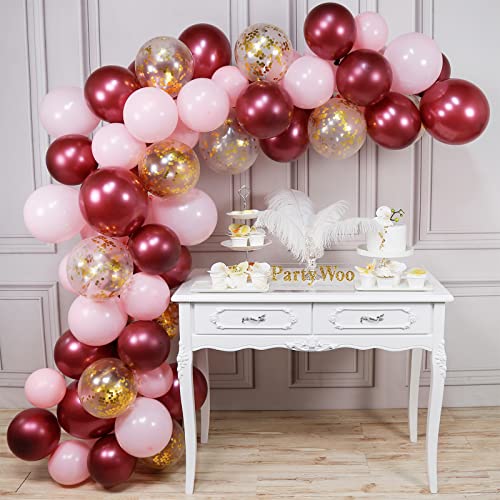 PartyWoo Globos Oro Rosa Borgoña, 70 Piezas Globos Borgoña, Globos Rosa, Globos Confeti Oro para Despedida de Soltera de Borgoña, Decoraciones de Fiesta Borgoña y Oro, Decoraciones de Boda de Borgoña