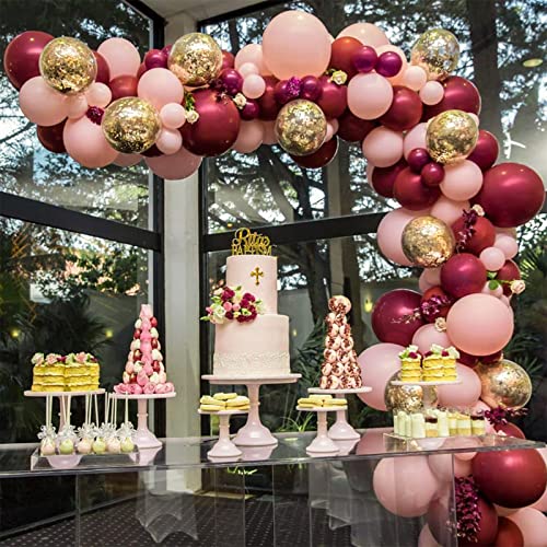 PartyWoo Globos Oro Rosa Borgoña, 70 Piezas Globos Borgoña, Globos Rosa, Globos Confeti Oro para Despedida de Soltera de Borgoña, Decoraciones de Fiesta Borgoña y Oro, Decoraciones de Boda de Borgoña