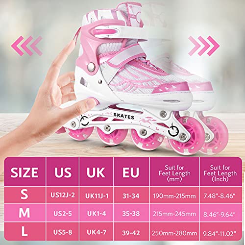 Patines en línea ajustables con ruedas totalmente luminosas, para niños y niñas (mediados 35-38), color rosa