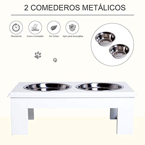 Pawhut Comedero Elevado para Perros con Soporte y 2 Cuencos Extraíbles de Acero Inoxidable Alimentador para Mascotas Alimento y Agua 44x24x15 cm Blanco