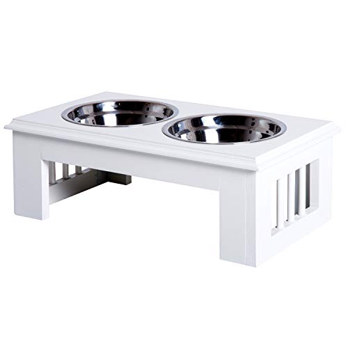 Pawhut Comedero Elevado para Perros con Soporte y 2 Cuencos Extraíbles de Acero Inoxidable Alimentador para Mascotas Alimento y Agua 44x24x15 cm Blanco