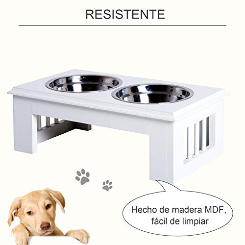 Pawhut Comedero Elevado para Perros con Soporte y 2 Cuencos Extraíbles de Acero Inoxidable Alimentador para Mascotas Alimento y Agua 44x24x15 cm Blanco