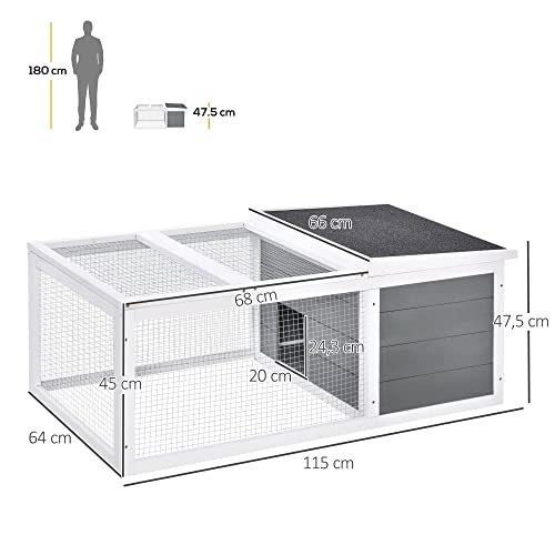 PawHut Conejera de Exterior Jaula para Conejos Cobayas Animales Pequeños con 2 Puertas Superiores y Techo Abatible Asfáltico Madera de Abeto 115x66x47,5 cm Gris