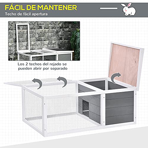 PawHut Conejera de Exterior Jaula para Conejos Cobayas Animales Pequeños con 2 Puertas Superiores y Techo Abatible Asfáltico Madera de Abeto 115x66x47,5 cm Gris