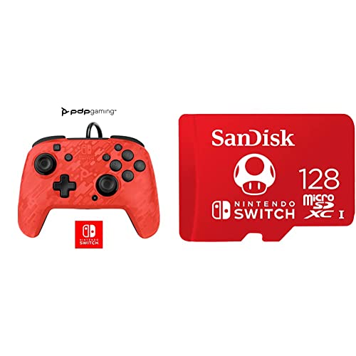 Pdp Mando Pro Faceoff Deluxe + Audio Chat Camo Rojo (Nintendo Switch) + Sandisk Microsdxc Uhs-I Tarjeta Para Nintendo Switch 128Gb, Producto Con Licencia De Nintendo