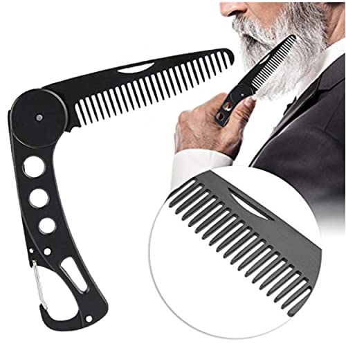 Peine para barba plegable de acero inoxidable para hombres y mujeres, con bolsillos, con función de abridor y enganche para llavero