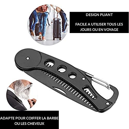 Peine para barba plegable de acero inoxidable para hombres y mujeres, con bolsillos, con función de abridor y enganche para llavero