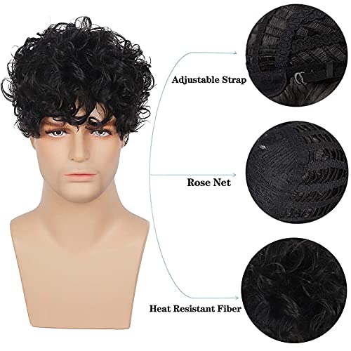 Peluca negra para hombre peluca corta y rizada para hombre pelucas de pelo sintético para Cosplay pelucas de fiesta de disfraces de Halloween resistentes al calor