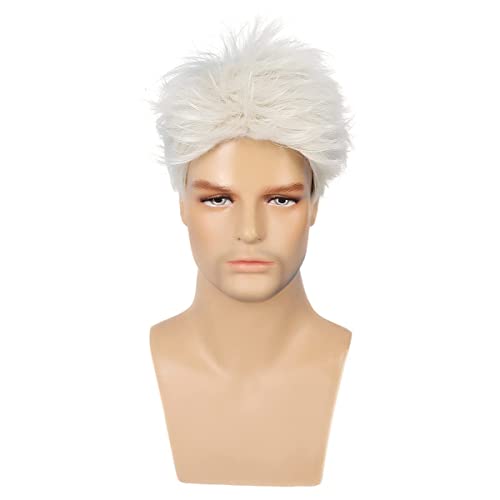 Peluca para hombre Crema blanca Peluca de pelo de cosplay en capas cortas Pelucas sintéticas llenas con gorro de peluca