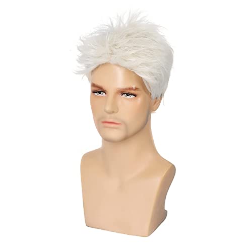 Peluca para hombre Crema blanca Peluca de pelo de cosplay en capas cortas Pelucas sintéticas llenas con gorro de peluca