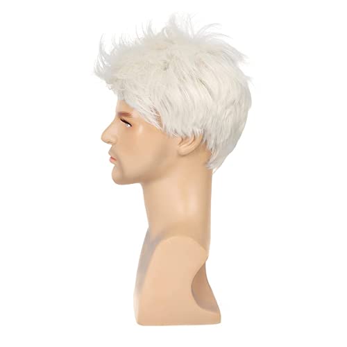 Peluca para hombre Crema blanca Peluca de pelo de cosplay en capas cortas Pelucas sintéticas llenas con gorro de peluca