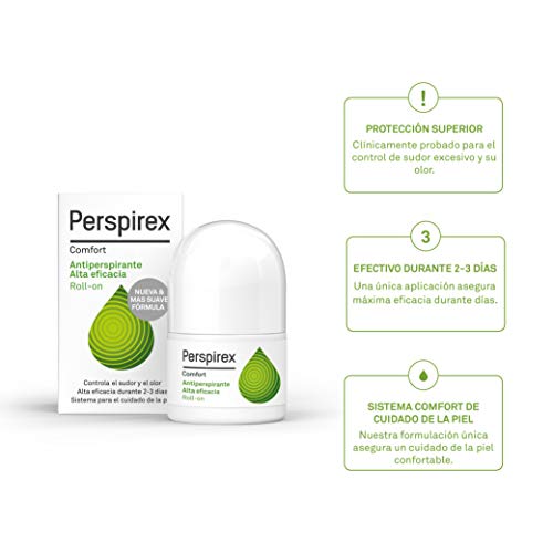 Perspirex ® | Perspirex Comfort | Desodorante Antitranspirante Axilas Roll on para pieles delicadas con efecto anti sudor duradero hasta 3 días | Controla el sudor y el olor cuidando tu piel | 20 Ml