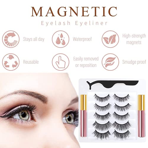 Pestañas Postizas Magneticas Naturales Incluir Delineador de Ojos y Rizador de Pestañas, Cómodo Impermeable Reutilizable, Adecuado para Maquillaje Carnaval, Boda, Fiesta （5 Pares, Púrpura）