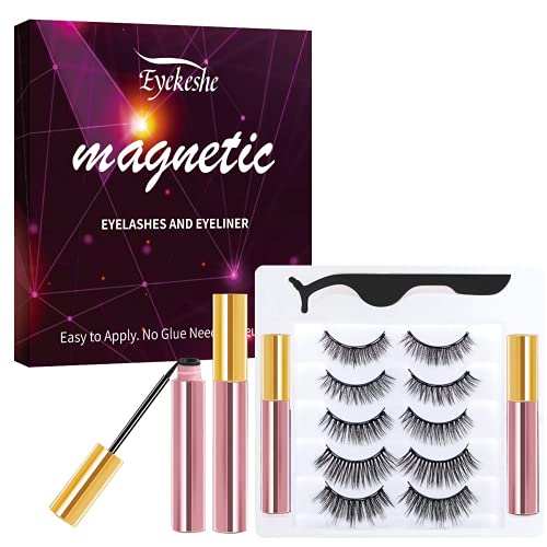 Pestañas Postizas Magneticas Naturales Incluir Delineador de Ojos y Rizador de Pestañas, Cómodo Impermeable Reutilizable, Adecuado para Maquillaje Carnaval, Boda, Fiesta （5 Pares, Púrpura）