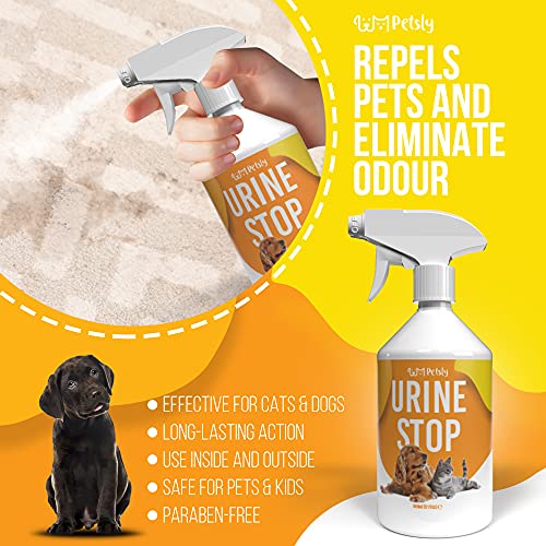 PETSLY Spray Antiorines Perros y Gatos - Repelente Orina Perros y Gatos para Exterior e Interior - Repelente para Gatos y Repelente para Perros Orina - Eficaz Spray Anti Pipi Perros y Gatos - 500 ml