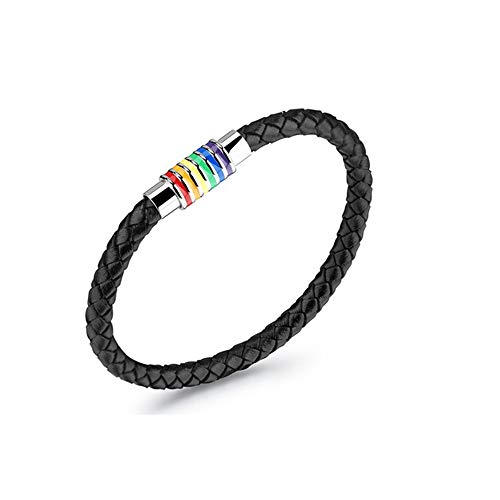 PHOGARY Brazalete De Orgullo Gay Pulsera De Arco Iris (2 Paquetes), Brazalete De Cuero Negro De Pareja Brazalete De LGBT De Mujer Para Hombre Con Arco Iris Magnético Acero Inoxidable Rayado 22cm