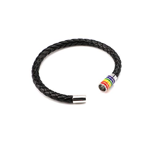 PHOGARY Brazalete De Orgullo Gay Pulsera De Arco Iris (2 Paquetes), Brazalete De Cuero Negro De Pareja Brazalete De LGBT De Mujer Para Hombre Con Arco Iris Magnético Acero Inoxidable Rayado 22cm