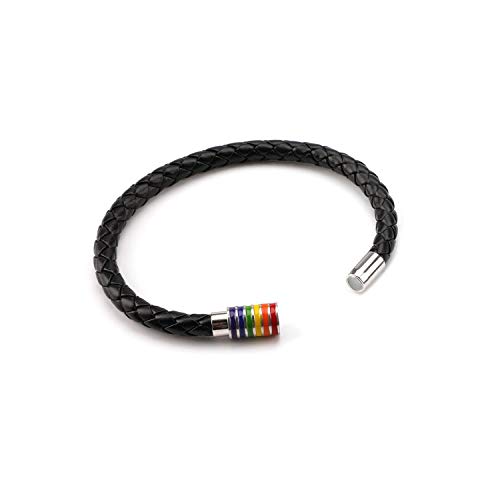 PHOGARY Brazalete De Orgullo Gay Pulsera De Arco Iris (2 Paquetes), Brazalete De Cuero Negro De Pareja Brazalete De LGBT De Mujer Para Hombre Con Arco Iris Magnético Acero Inoxidable Rayado 22cm